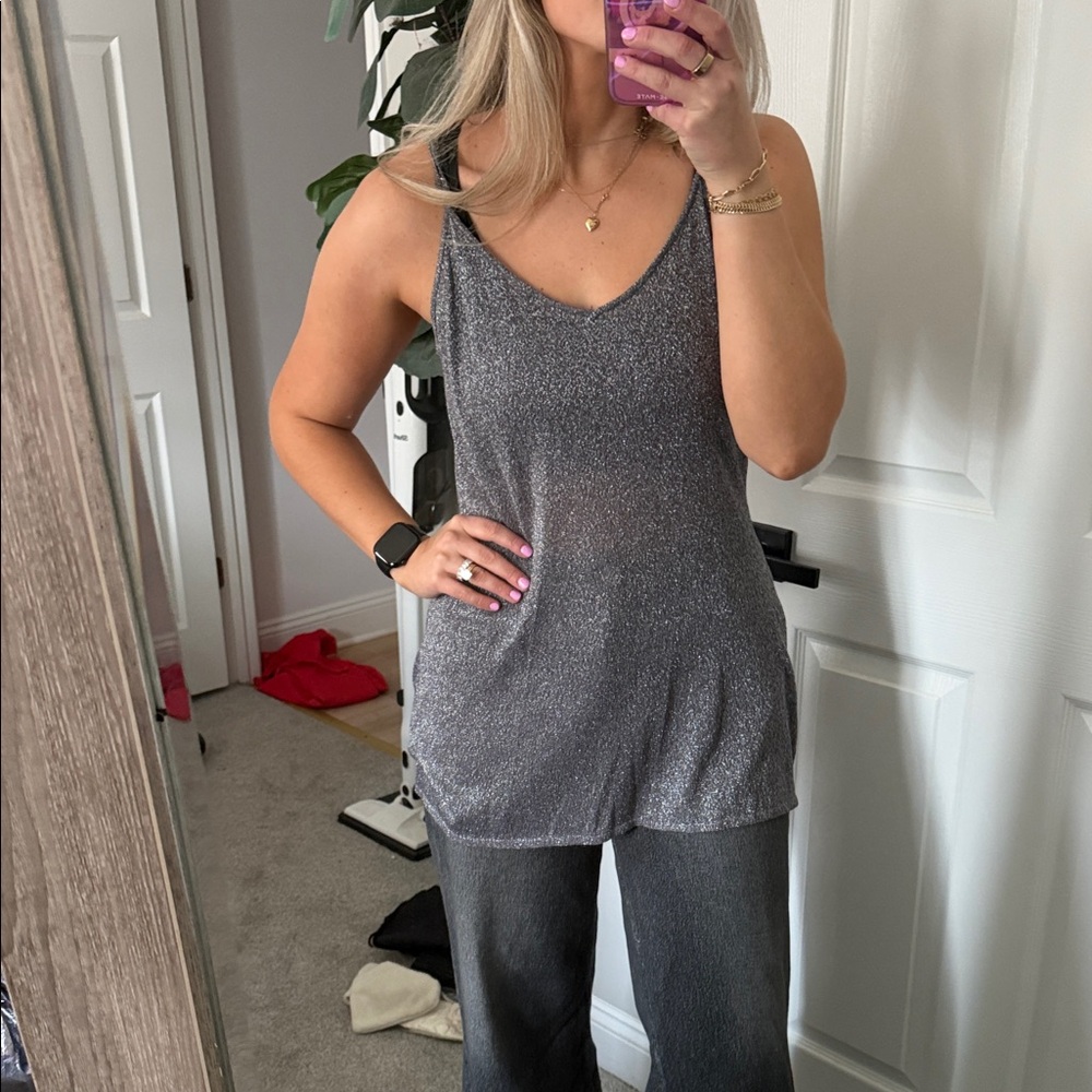 Sparkle V-Neck Metallic Tank Top - Silver